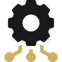 Black gear with gold circuit lines.