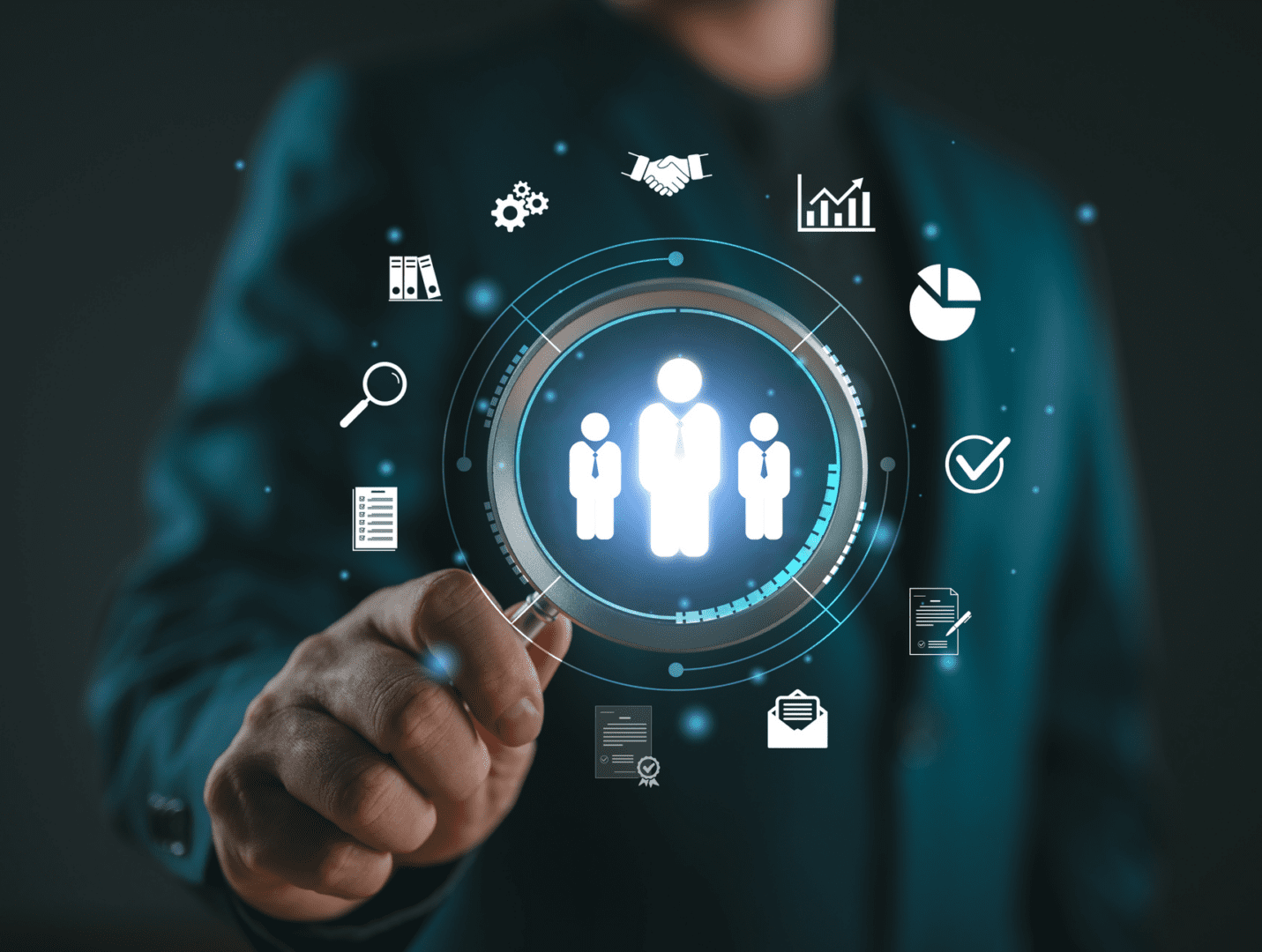 Businessman interacting with digital human resources interface.