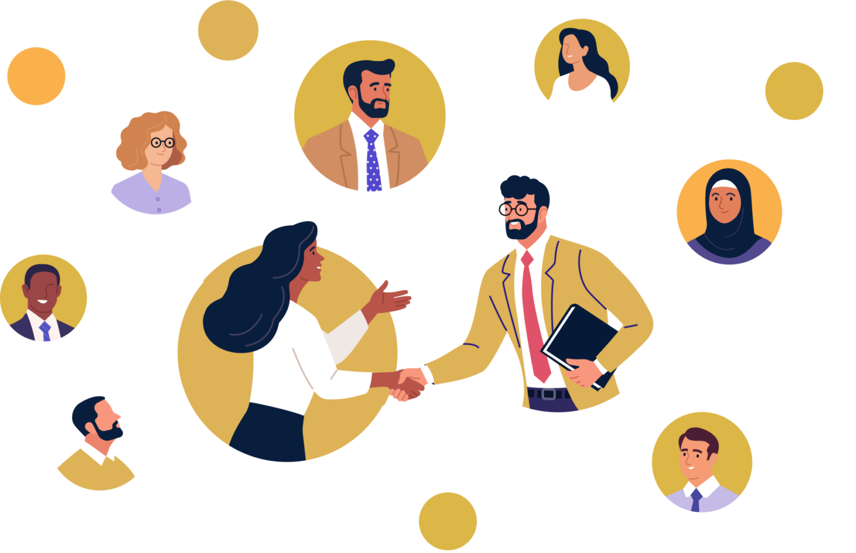 Illustration of diverse professionals networking and connecting.