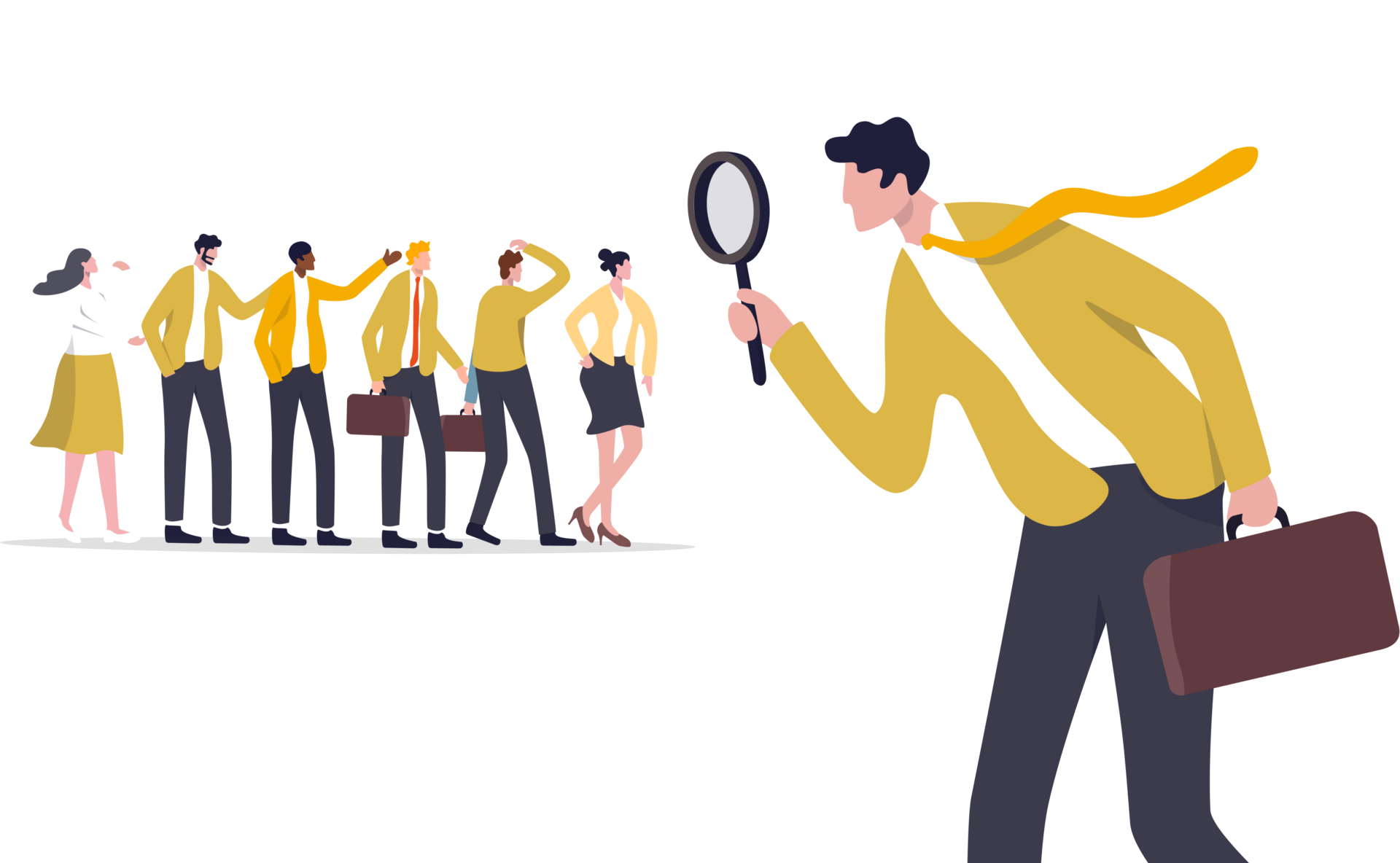 Man with magnifying glass inspects business people.