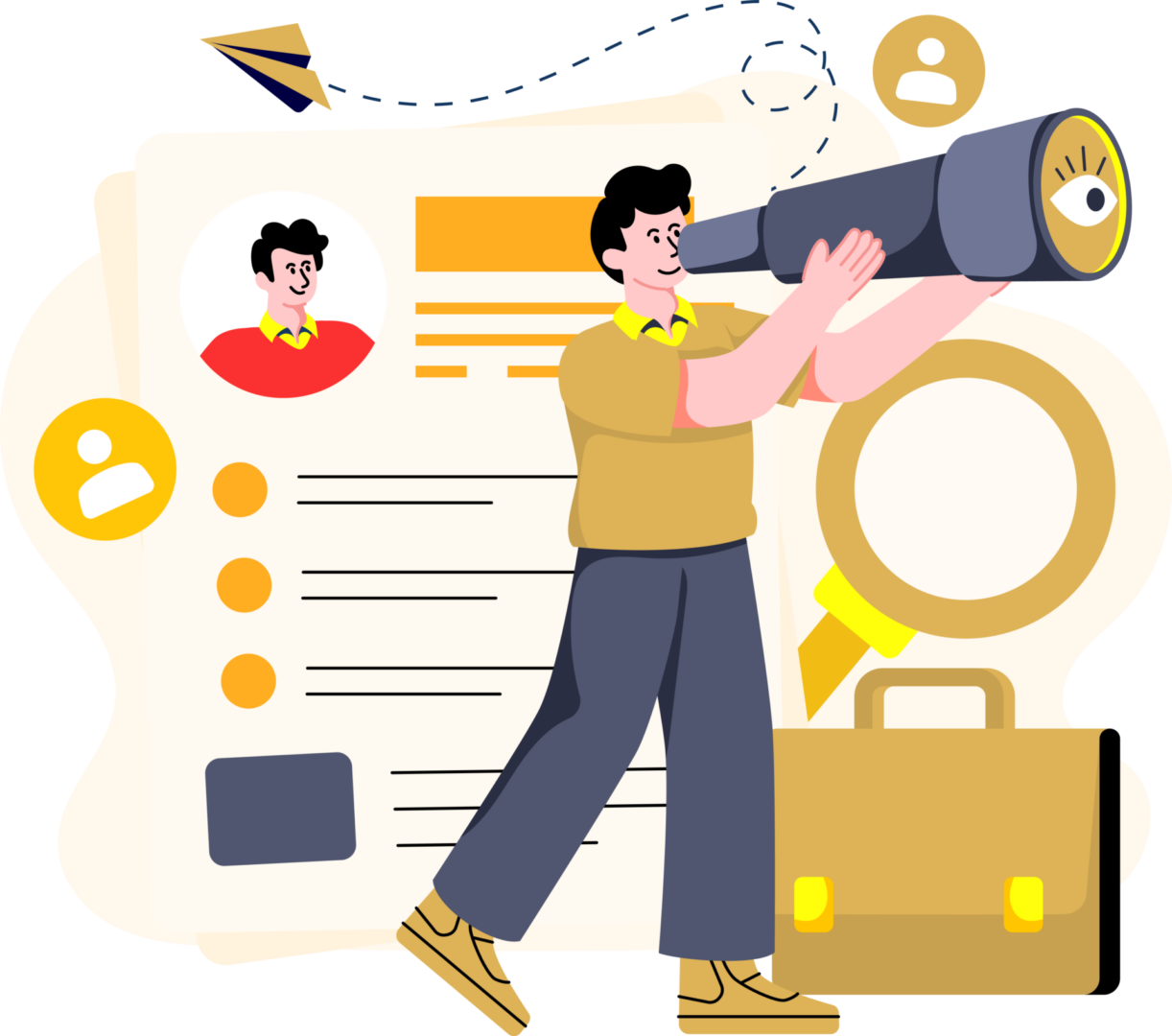 Man with telescope and resume illustration.