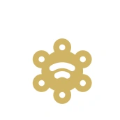 Gold abstract symbol on white circle background.