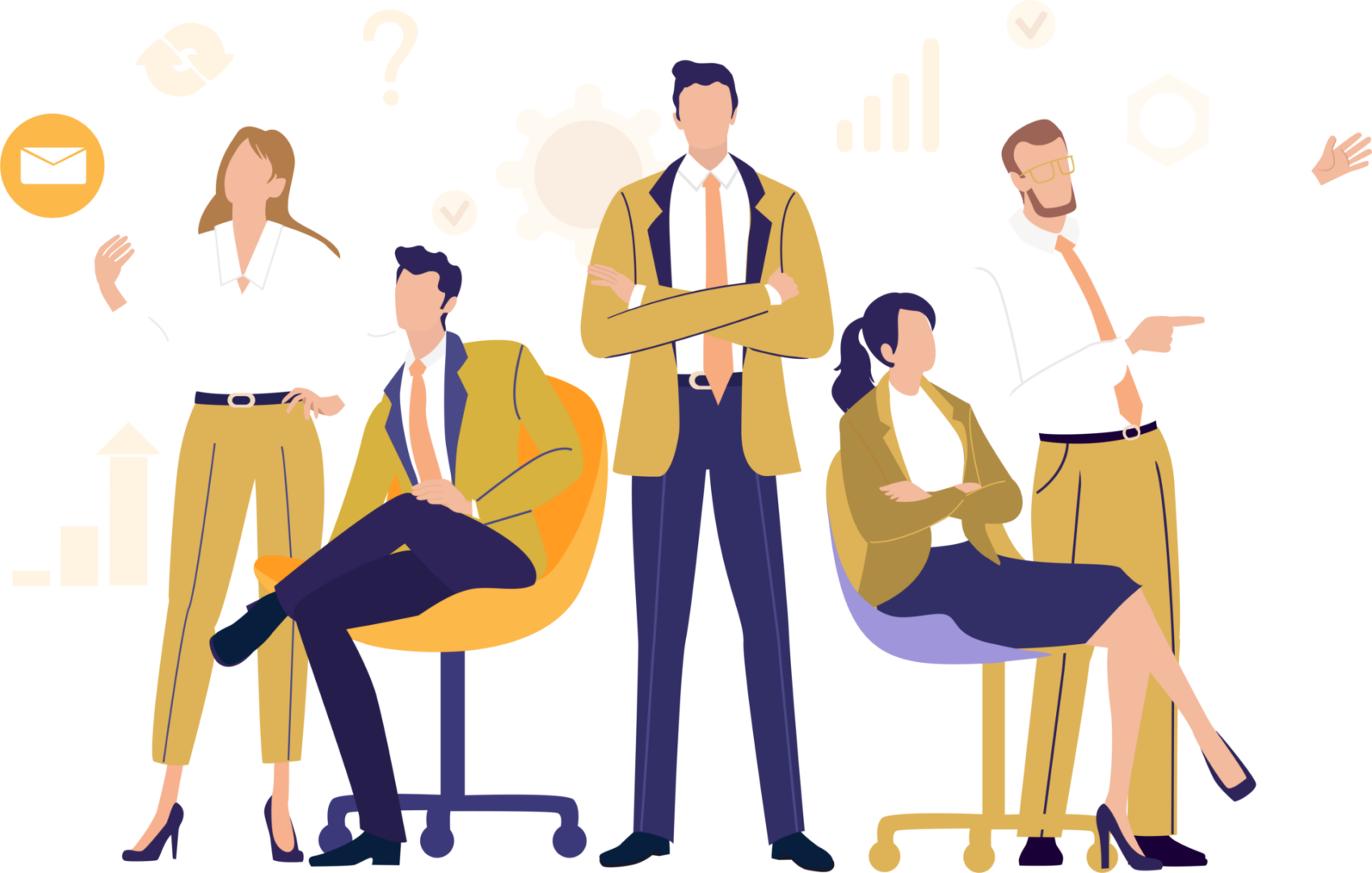 Business team with charts and symbols.